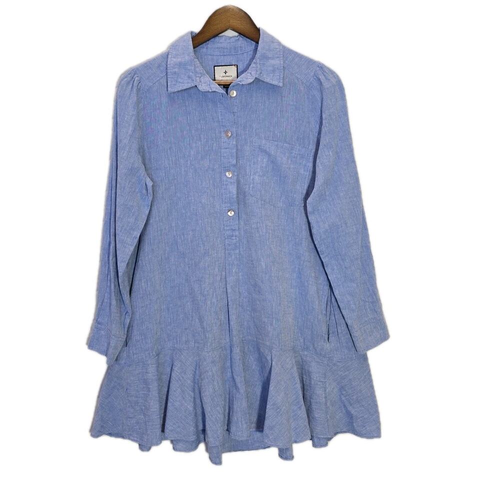 Tuckernuck Callahan Shirt Dress S Blue Cotton Ruffle Hem Pockets Coastal Resort - Picture 4 of 11